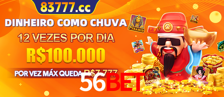 Banner do programa de recompensas Recomende para amigos do 56bet, detalhando os bônus por convidar amigos, com prêmios que chegam a R$288.888.