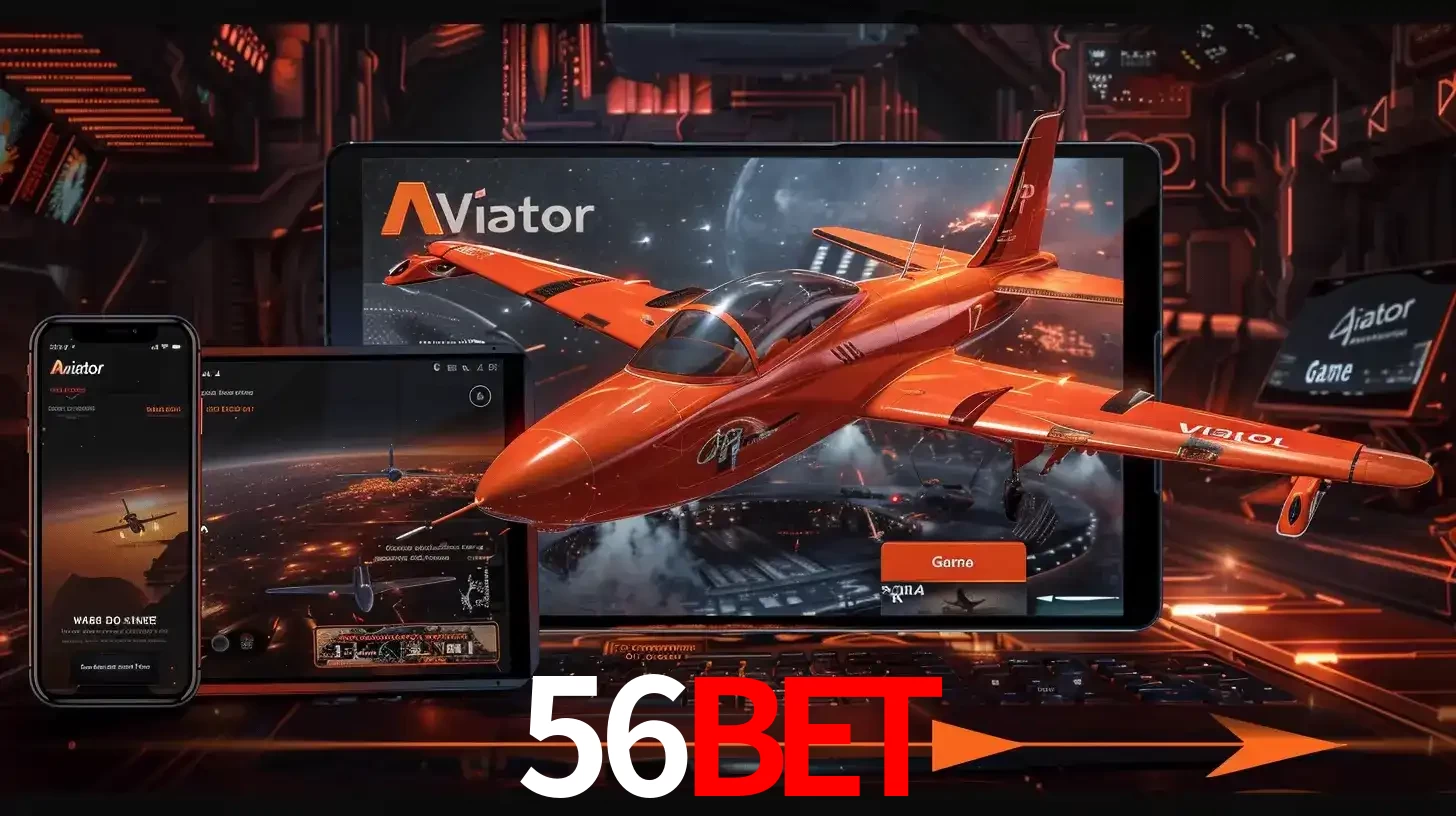 Apresentação tecnológica do jogo Aviator com um avião saindo da tela de um tablet, demonstrando a experiência imersiva em múltiplos dispositivos no 56bet.