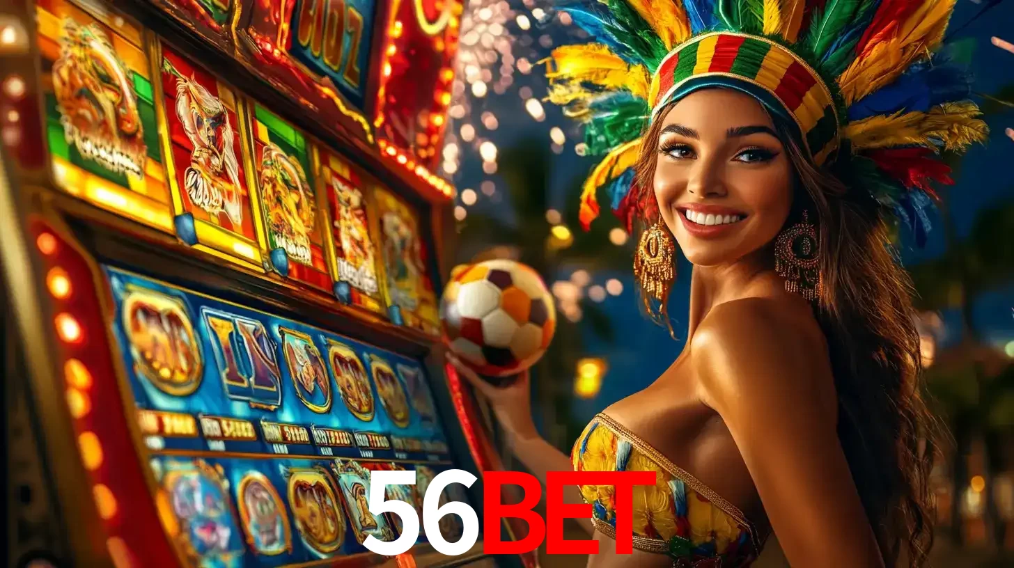 Mulher com um cocar de carnaval ao lado de uma máquina de caça-níqueis enquanto segura uma bola de futebol, mostrando a união da diversão de cassino e esportes no 56bet.
