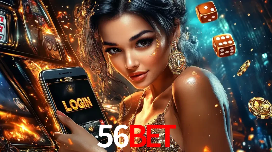 Mulher glamourosa segurando um celular com a tela de login do cassino 56bet, rodeada por dados e moedas douradas, pronta para começar a diversão.