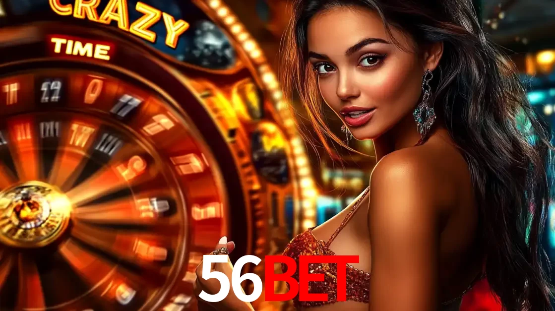 Mulher ao lado da roda de prêmios do jogo de cassino ao vivo Crazy Time, um dos shows de jogos mais emocionantes oferecidos pela plataforma de apostas 56bet.