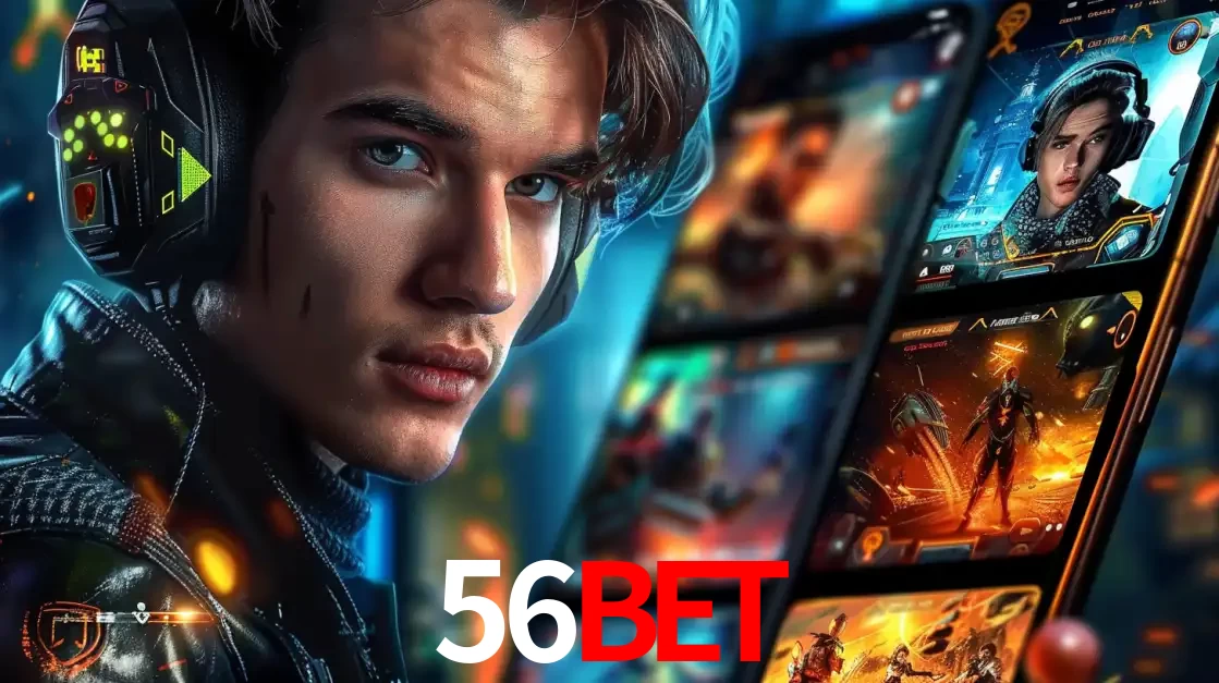 Jovem jogador com fones de ouvido olhando para a câmera, com um aplicativo de jogos e e-sports para celular ao fundo, pronto para a competição e apostas no 56bet.
