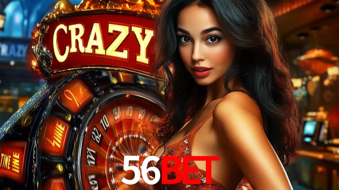 Mulher glamourosa olhando para a câmera com a roda vermelha do Crazy Time ao fundo em um ambiente de cassino, destacando a emoção dos jogos ao vivo no 56bet.