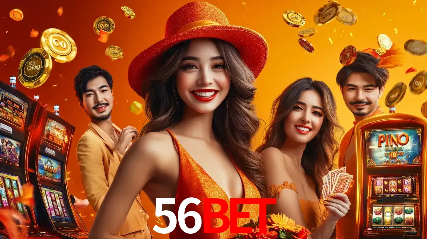 Grupo de amigos asiáticos sorrindo e se divertindo com máquinas de caça-níqueis em um ambiente festivo, celebrando suas vitórias nos jogos de cassino do 56bet.