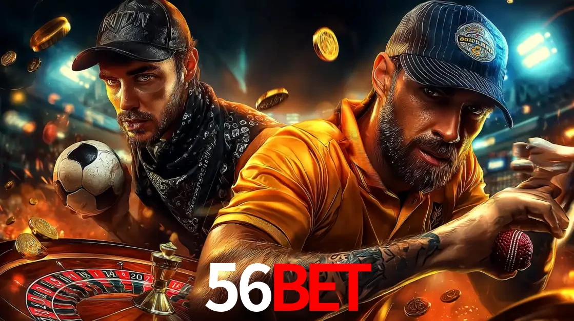 Montagem de apostas esportivas e cassino no 56bet, com um homem segurando uma bola de futebol e outro uma de beisebol sobre uma roleta e moedas voadoras.