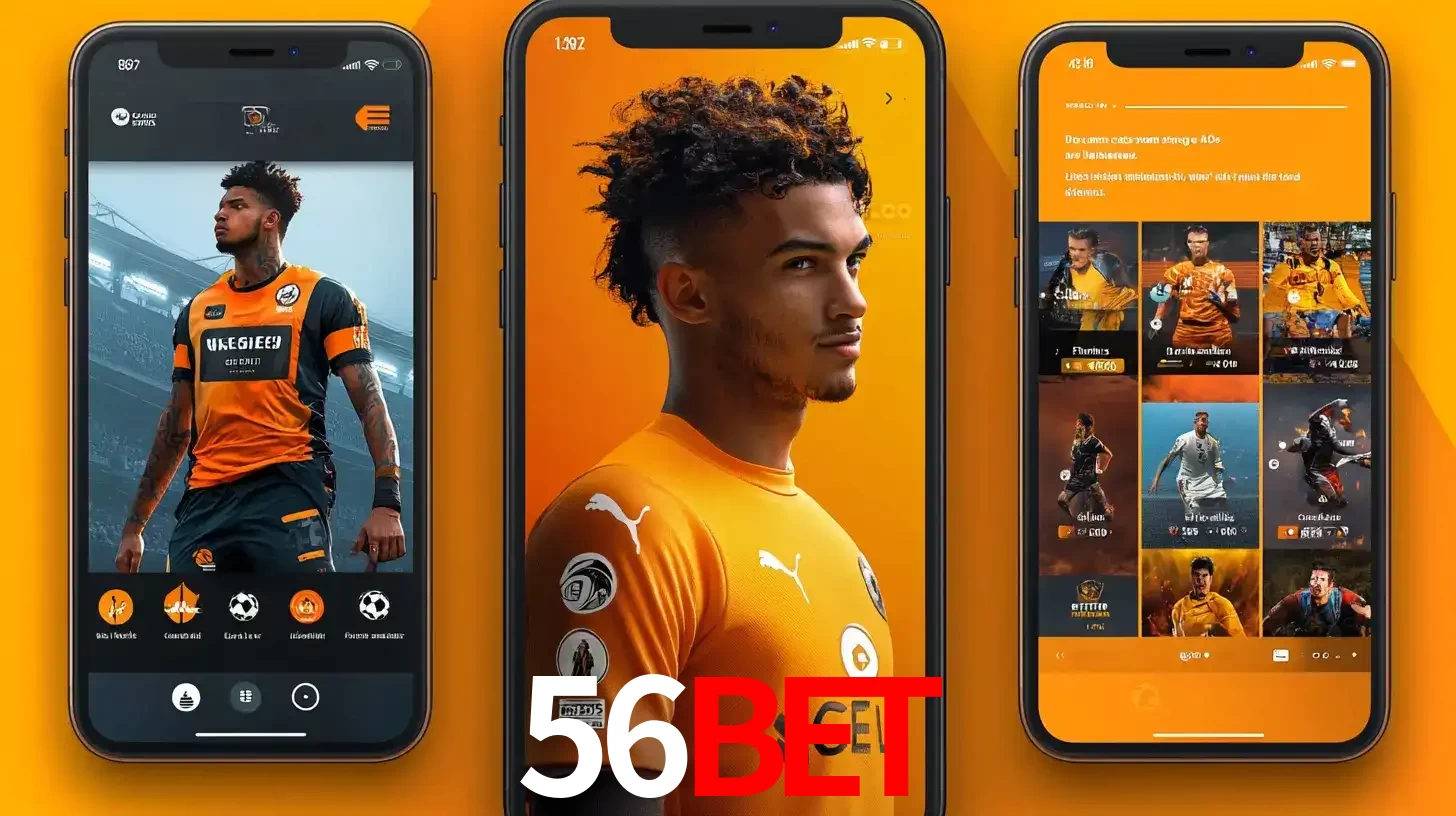 Interface do aplicativo de apostas esportivas 56bet em três telas de celular, mostrando o perfil de um jogador de futebol e a lista de jogos disponíveis para apostar.