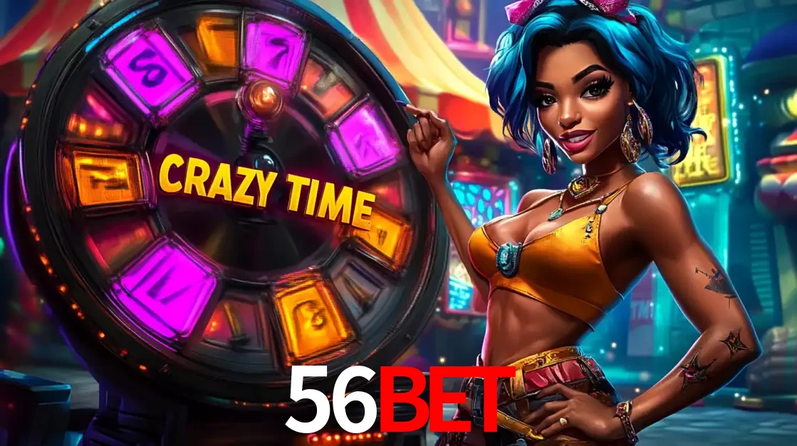Mulher estilizada com cabelo azul e visual vibrante posando ao lado da roda de prêmios do game show Crazy Time, convidando para a diversão e os bônus do cassino 56bet.