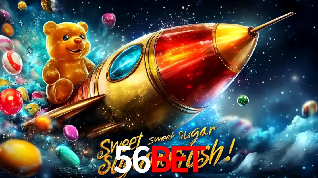 Arte promocional do jogo de slot Sugar Rush, com um urso de pelúcia em um foguete viajando pelo espaço de doces, um dos jogos divertidos disponíveis no cassino 56bet.