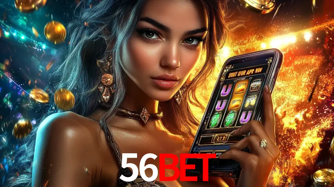 Mulher elegante mostrando um jogo de caça-níqueis em seu smartphone, destacando a experiência de cassino móvel oferecida pelo aplicativo 56bet.