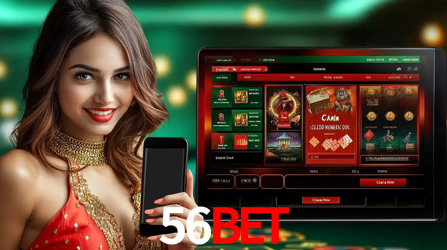 Mulher sorridente segurando um smartphone, ao lado de uma tela exibindo o lobby de jogos do cassino online 56bet, com várias opções de jogos de cartas e slots.